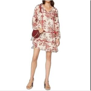 Great Jones Mini Dress Medium Ivory Burgundy Floral Smocked Tie Neck Tiered
